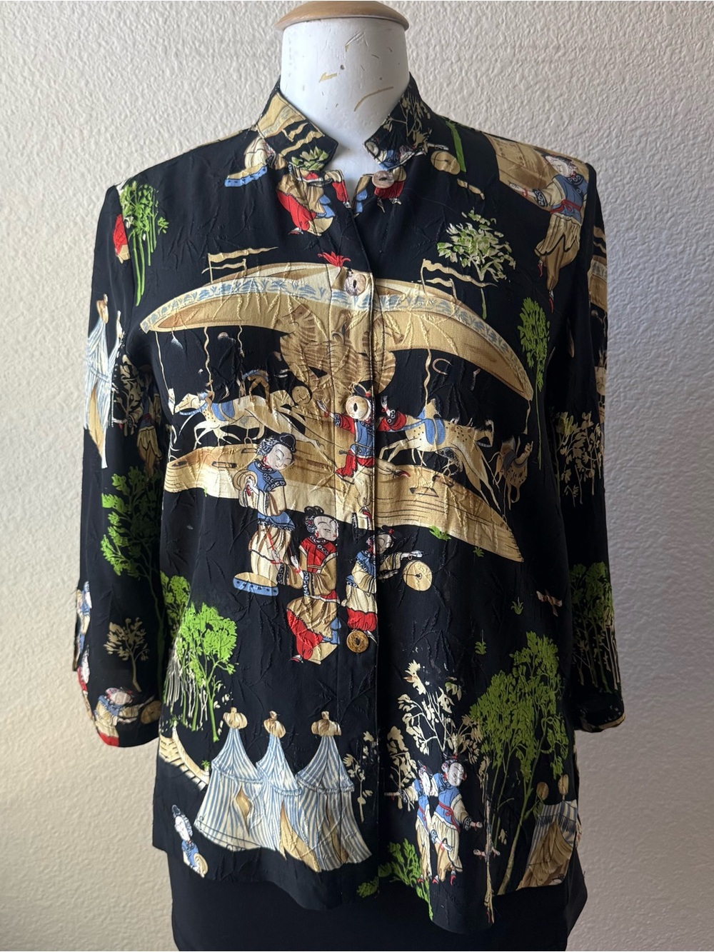 CITRON Santa Monica Oriental Asian Inspired Artsy Silk Blouse Top Size XS